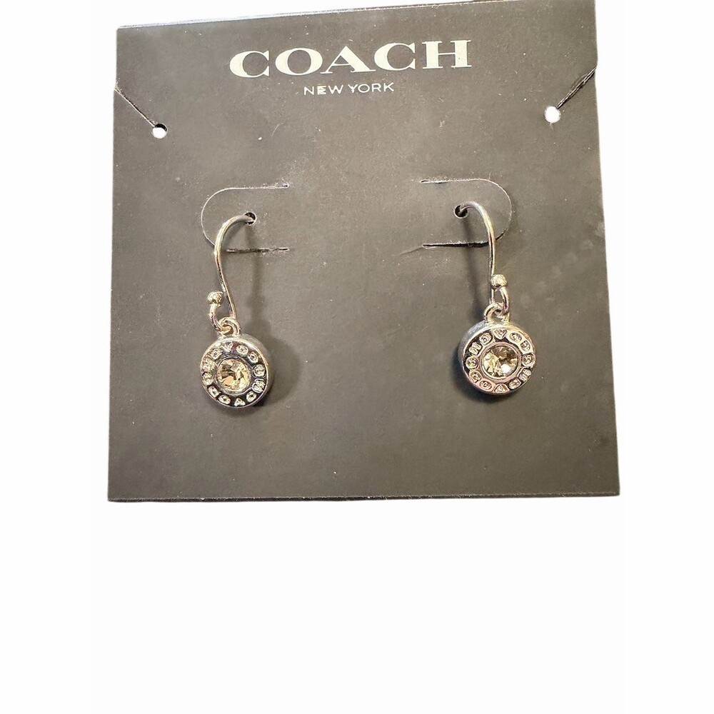 Coach Silver Tone Crystal Halo Logo Disc Dangle Drop Earrings Hook Back